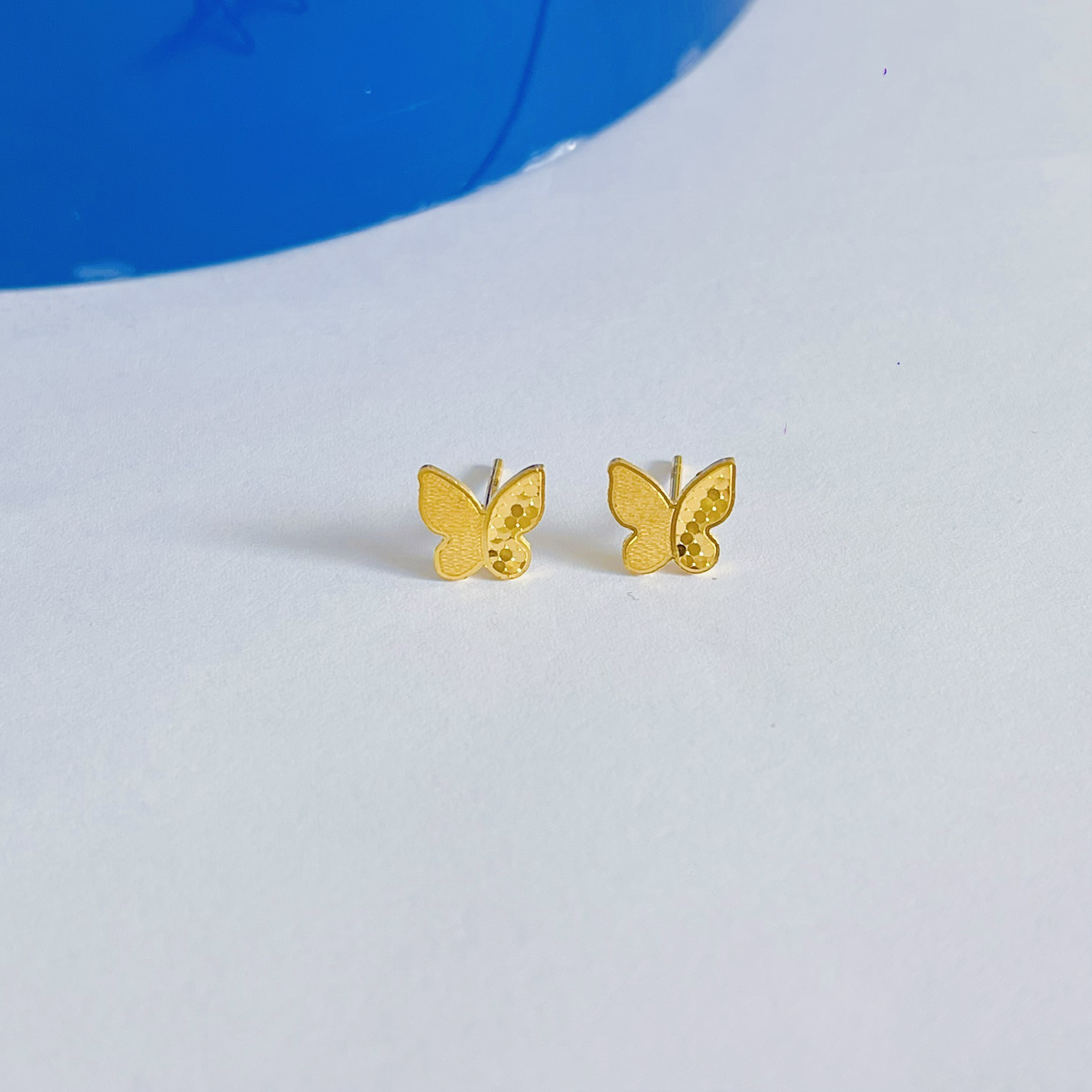足金999拉丝鱼鳞蝴蝶耳钉直针仙女国潮黄金