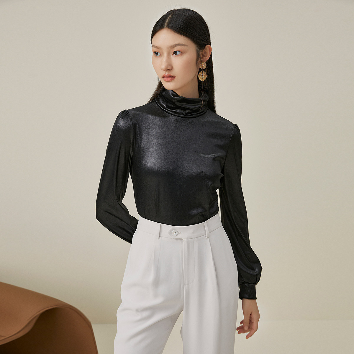 【静姐专属】纯色百搭亮面丝绒堆堆领灯笼袖打底衫331072-96375