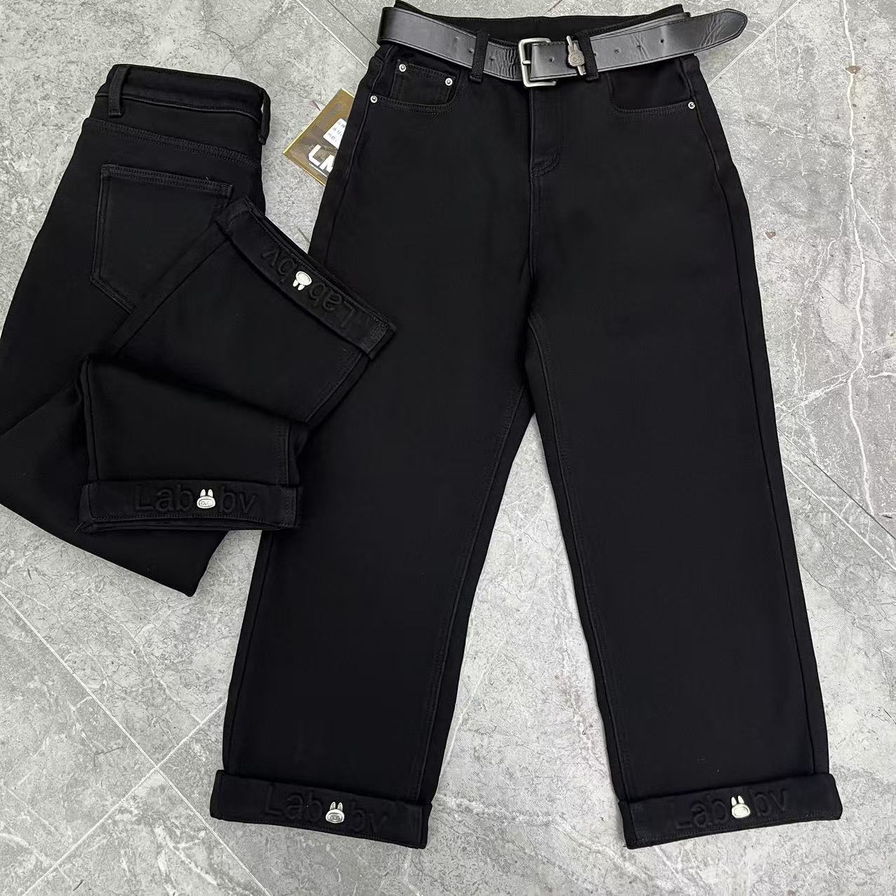 黑色拉布布加绒加厚八分大码胖mm卷边直筒裤法棍裤弹力牛仔裤子女