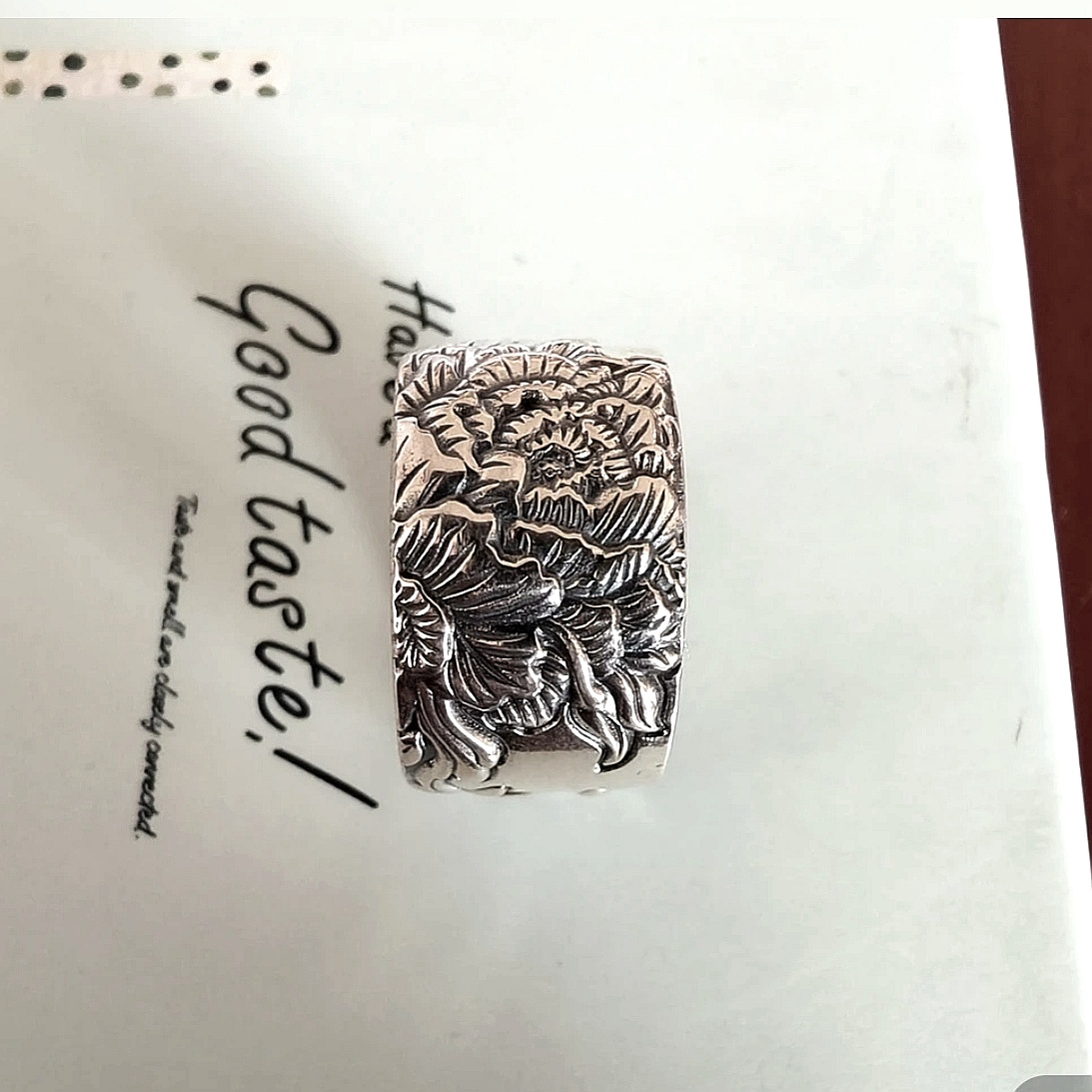 足银戒指 【尚古银坊】通体足银990古法实心3D立体牡丹心经对口戒