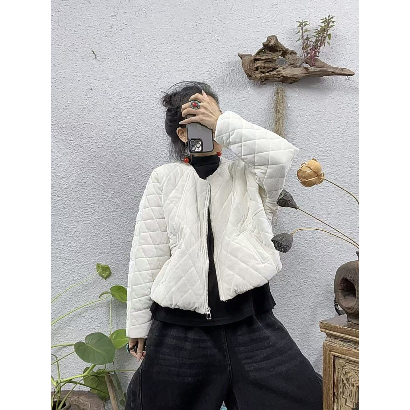 7864夹棉圆领金丝绒菱形压棉拉链棉袄外套（长55胸围154