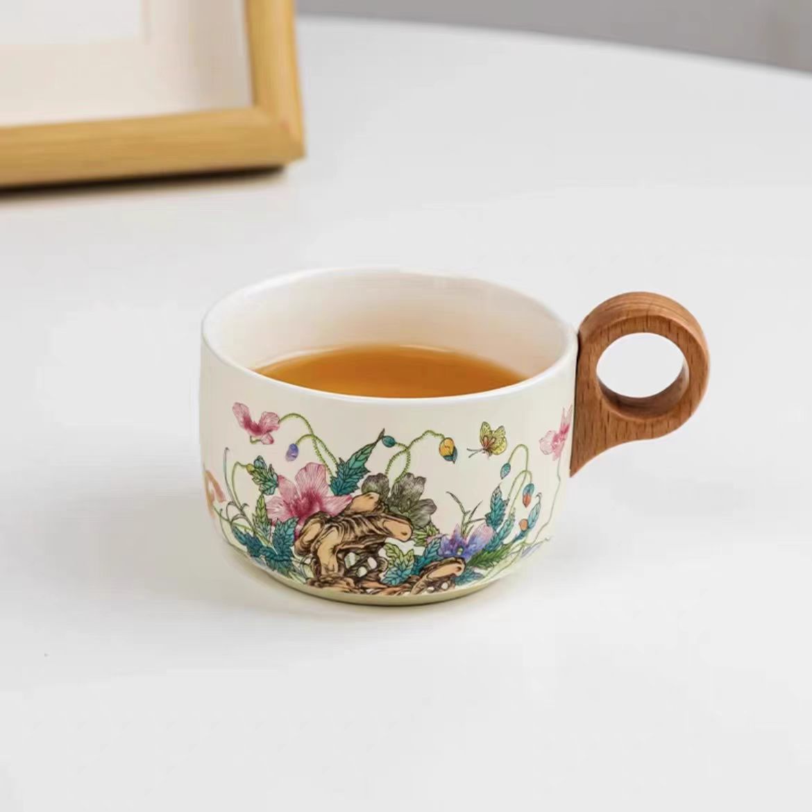 瓷韵优品 米黄汝窑虞美人陶瓷咖啡杯中式陶瓷水杯-3874