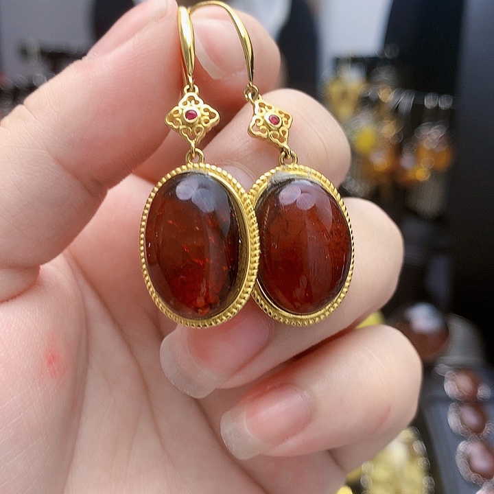 琥珀裸石银S925镶嵌耳坠