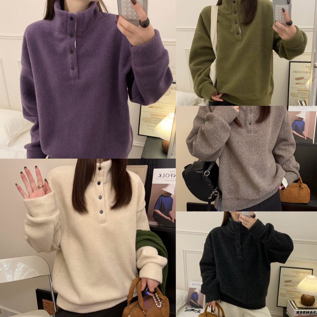 【绒绒暖意】Y韩风四粒扣立领毛绒卫衣百搭显示软糯长袖卫衣保暖女