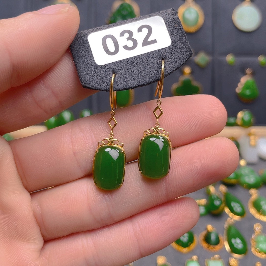 和田玉（碧玉）18K金镶嵌耳饰032