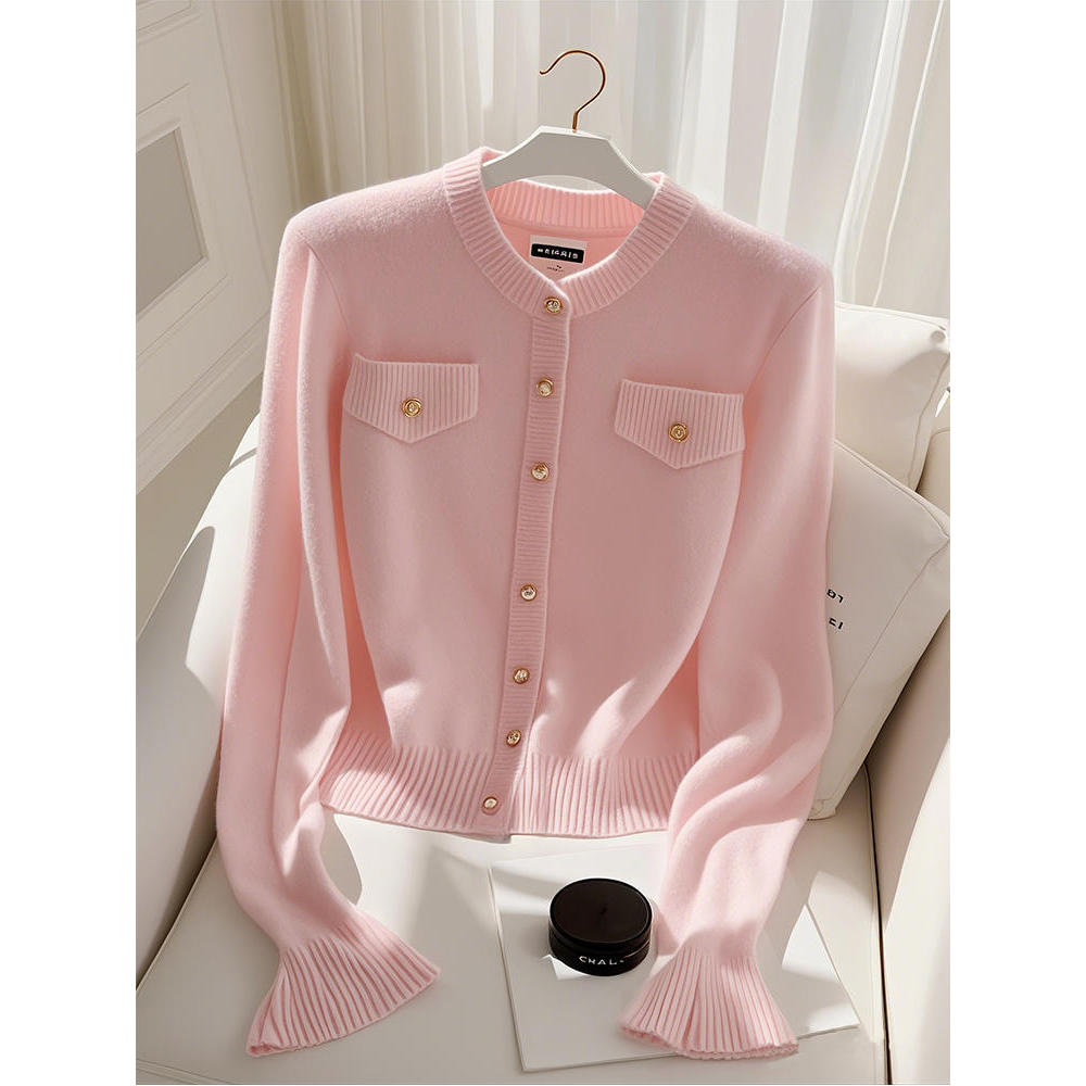 2025早春粉色针织开衫设计感小众高级感超好看绝美小香风毛衣外套