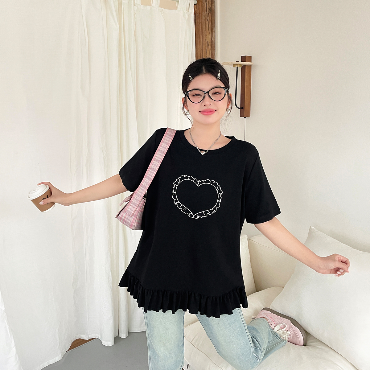 【现现专场】夏新款设计感正肩显瘦短袖t恤大码胖mm独特木耳边上衣