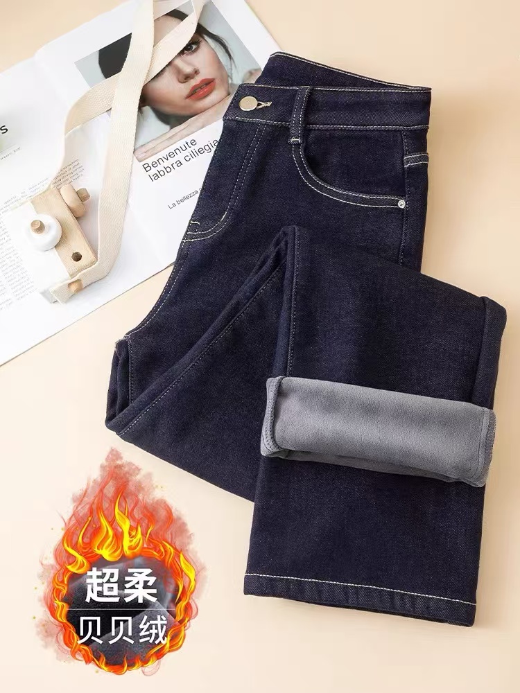 【慨】加绒女裤子高腰设计感蓝色牛仔裤直筒窄版宽松直筒阔腿裤