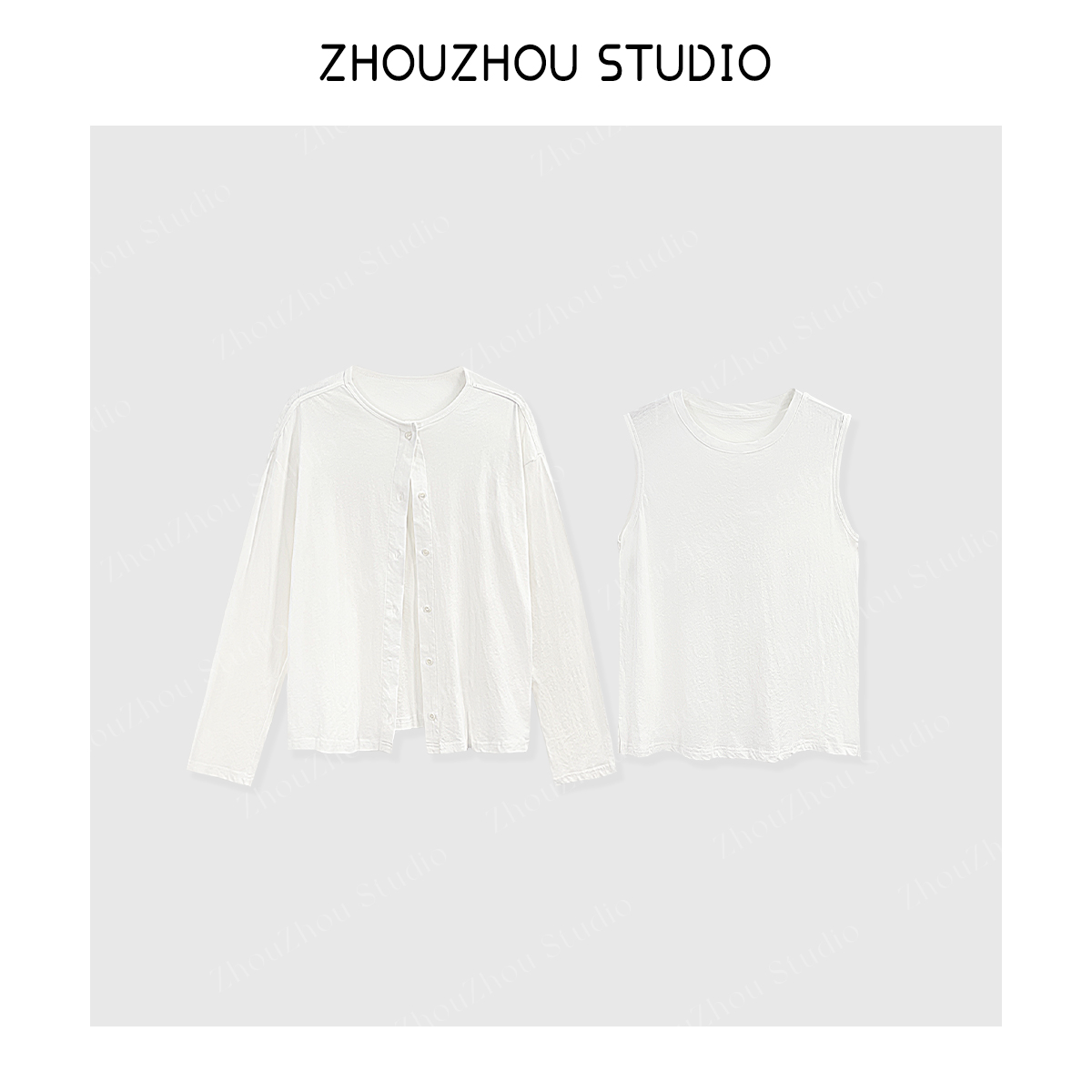 ZhouZhou25秋冬新品简约圆领背心打底T+开衫两件套