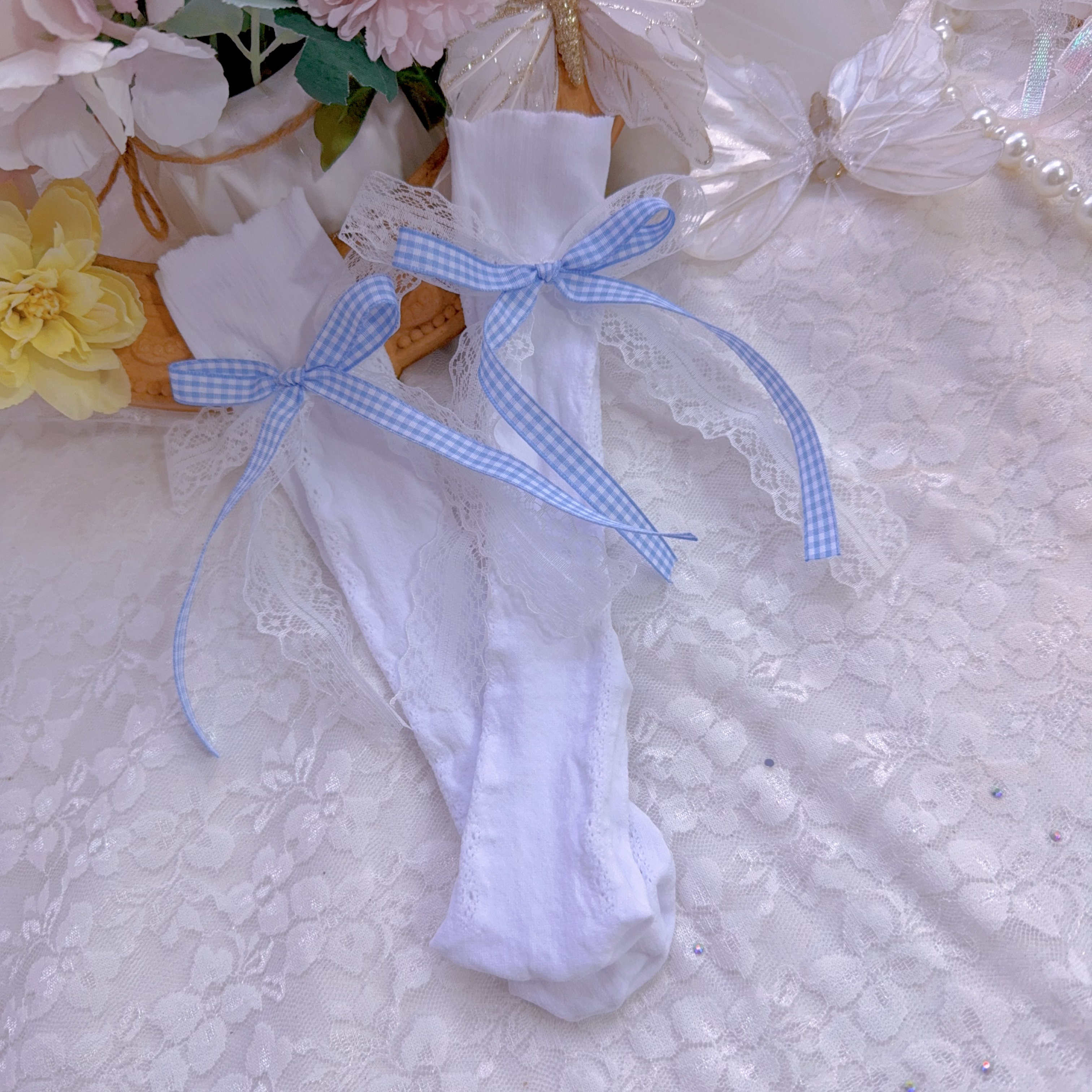 【范范粉丝专享】2025新款蕾丝夏季【蓝色蝴蝶结】外穿中筒袜