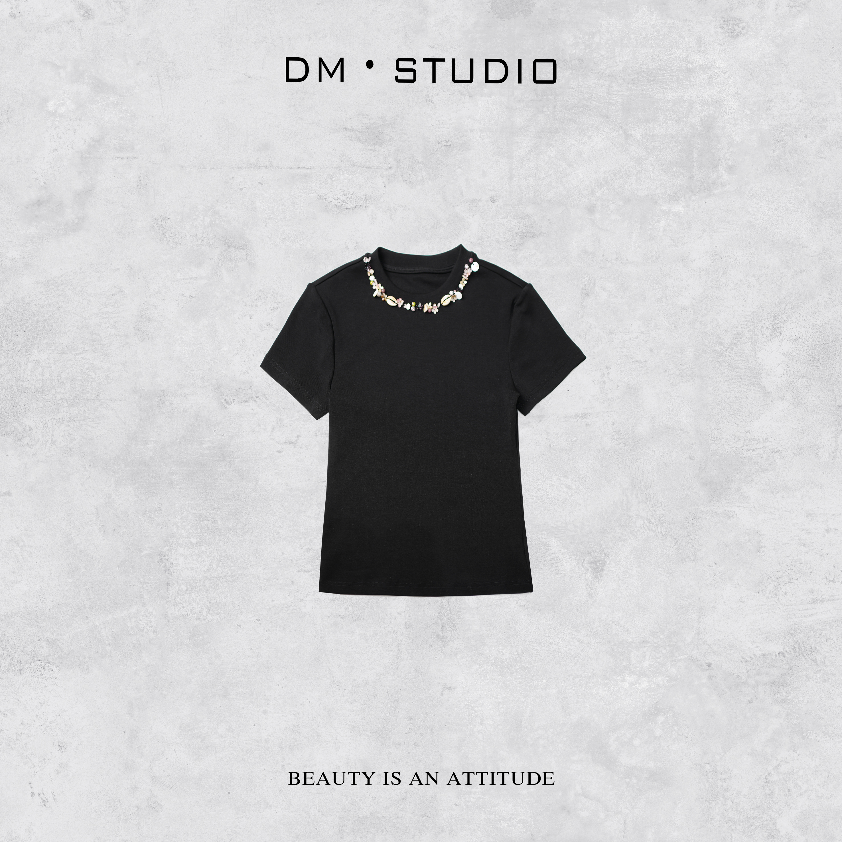 DM•STUDIO/气质精致修身重工串珠圆领短袖上衣T恤（81773）