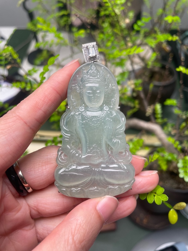 天然缅甸翡翠A货晴底冰度母18K金包镶男士精雕