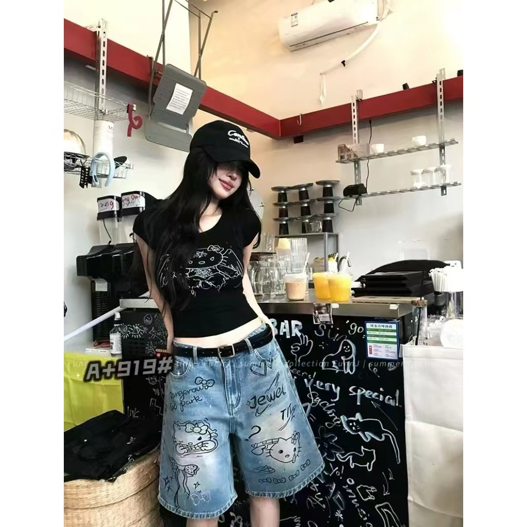 【F919】AR印花牛仔休闲高腰宽松个性中裤五分