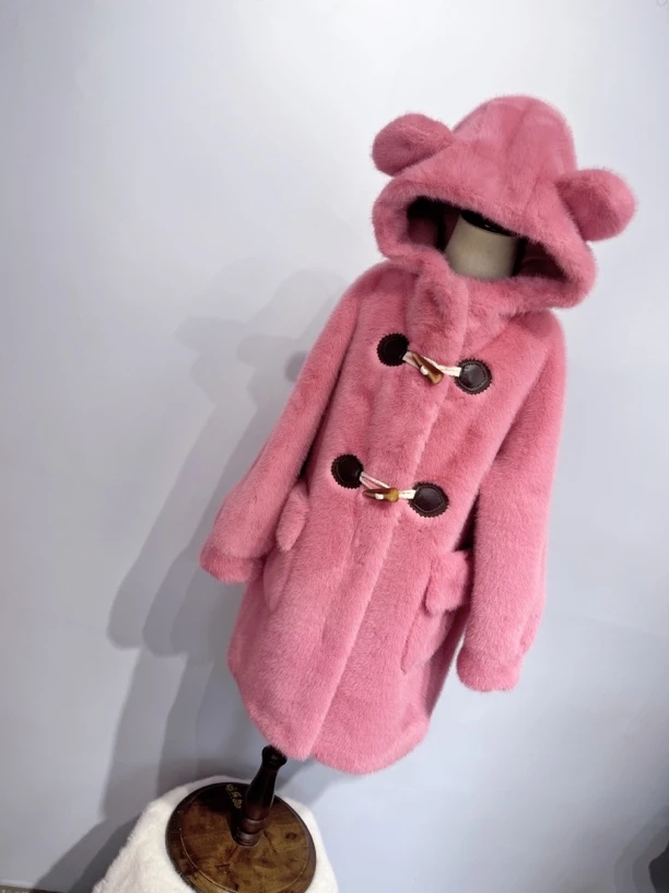 水貂绒牛角扣女纯色普通外套保暖外套韩版中长款洋气加厚宝宝女童