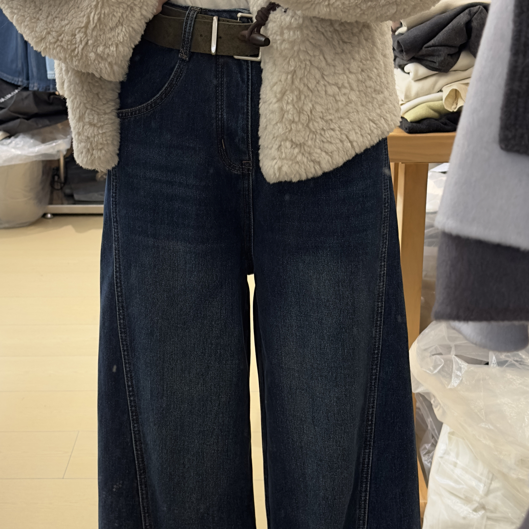 窄版阔腿牛仔长裤 加绒也显瘦