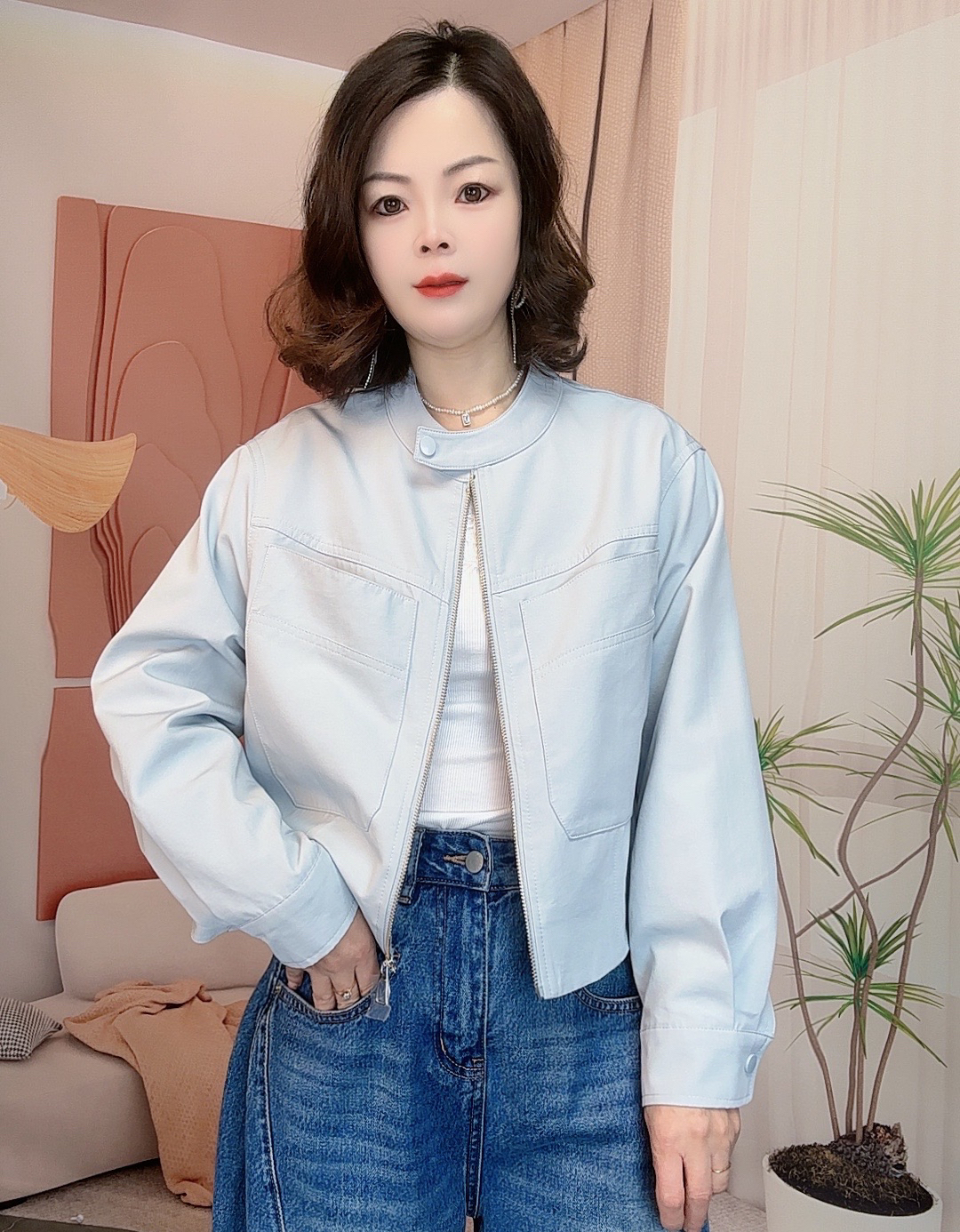 韩熙家 正品立领百搭休闲短款白色外套女2025新款宽松夹克上衣潮