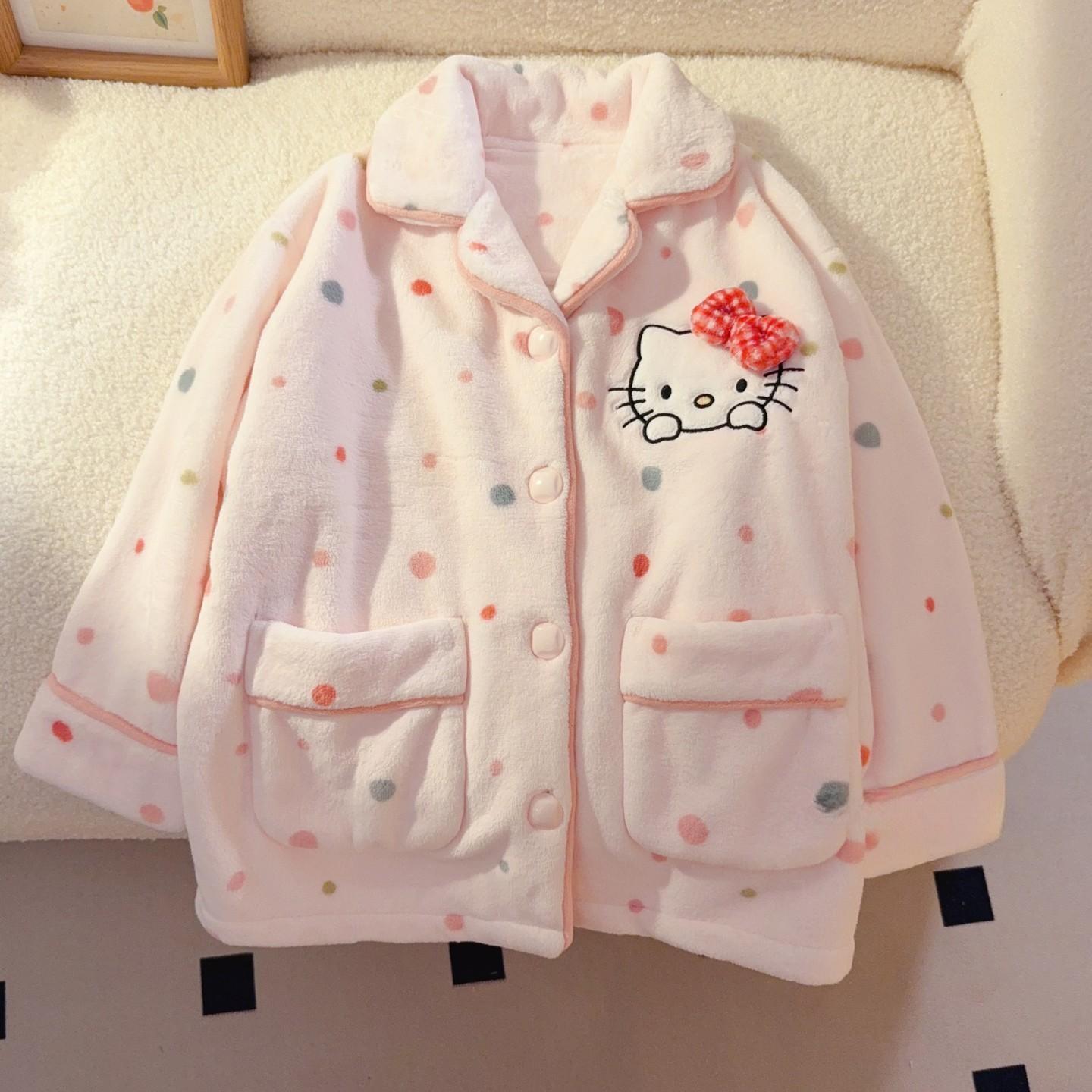 【KT猫珊瑚绒】圆点卡通睡衣女童冬季加厚保暖翻领女孩中大童家居服