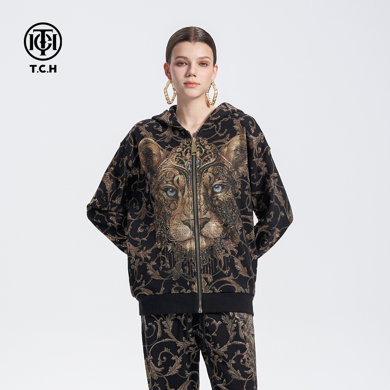 TCH服饰店播- 满印烫钻豹头潮牌重工连帽卫衣外套同款T72C176013