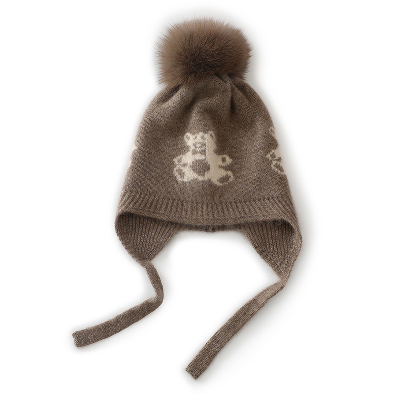 儿童款秋冬山羊绒针织小熊护耳帽保暖帽男童可爱套头帽女童毛球帽