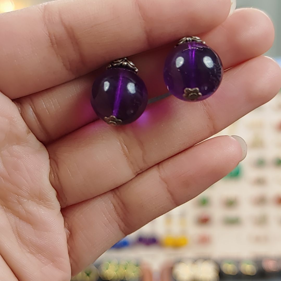 紫晶耳饰银S925镶嵌单珠14mm