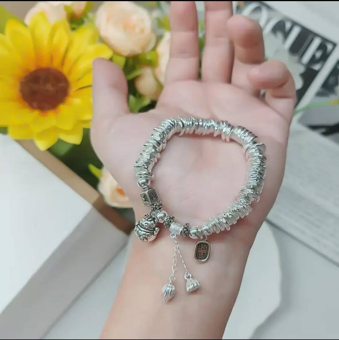 足银手镯 999.9六字真言吉祥猫盘缠（盘缠）s397