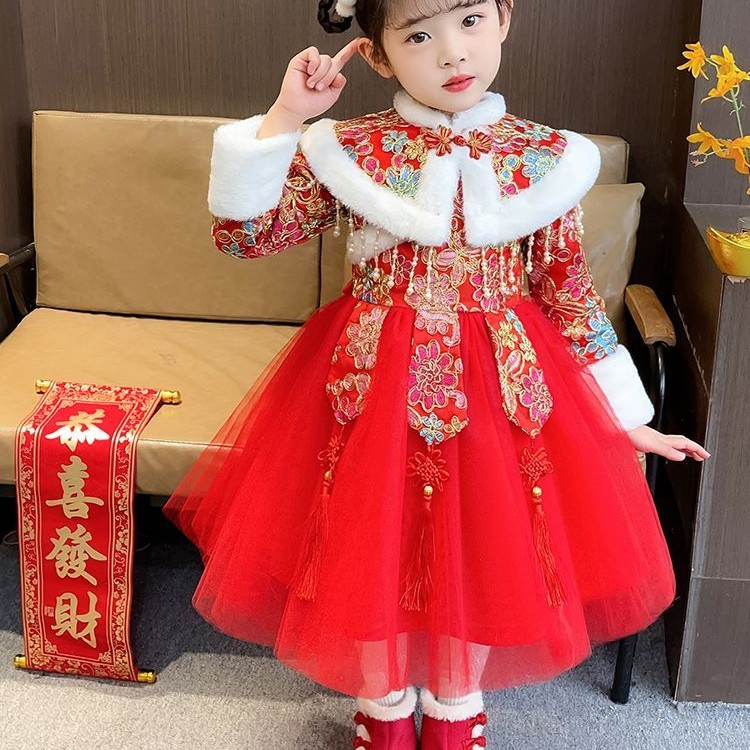 4031女童云肩珠子重工刺绣拜年服连衣裙