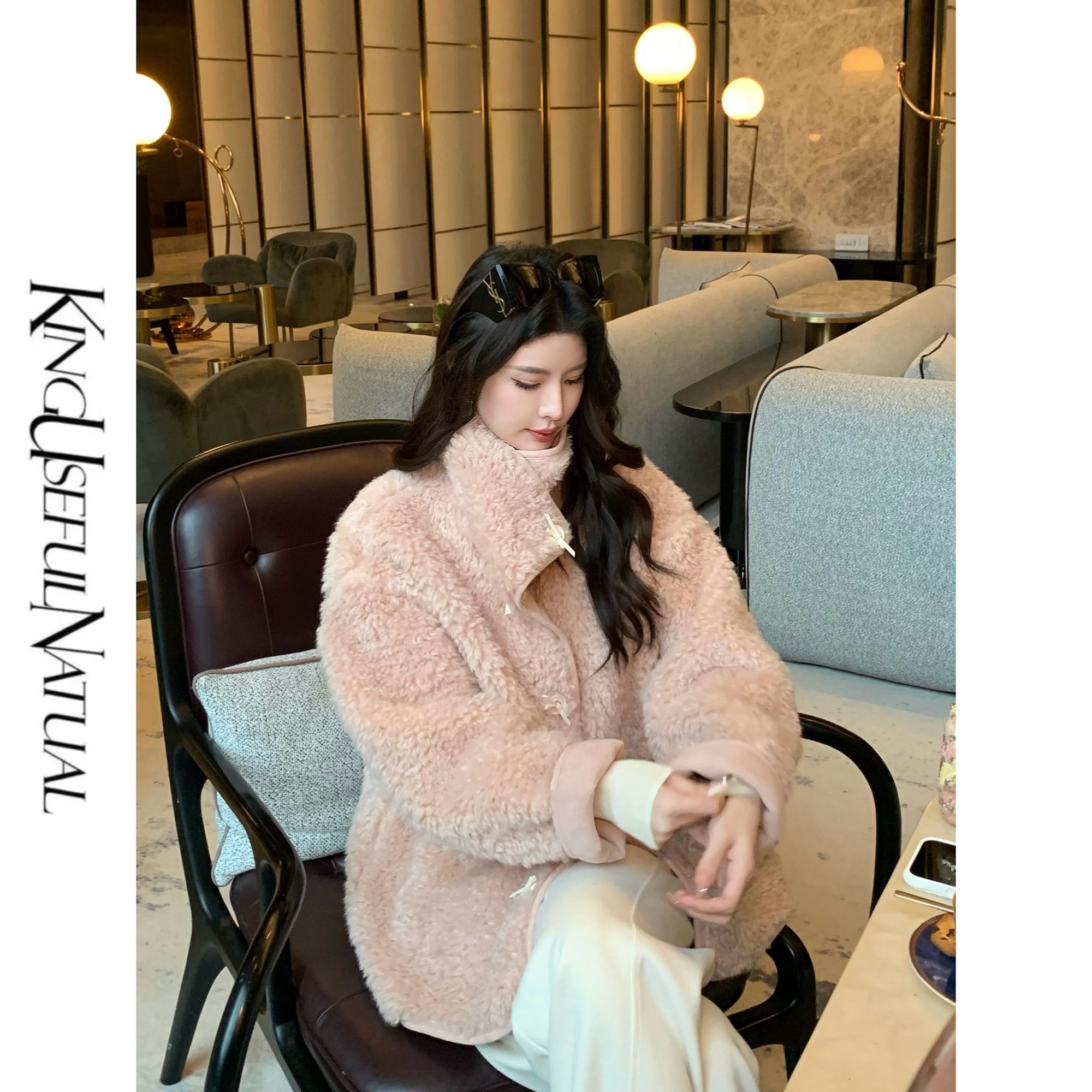 KUN【甜桃pink】气质韩版 蓬松仿羊羔柔雾灰粉色秋冬女加厚毛毛外套