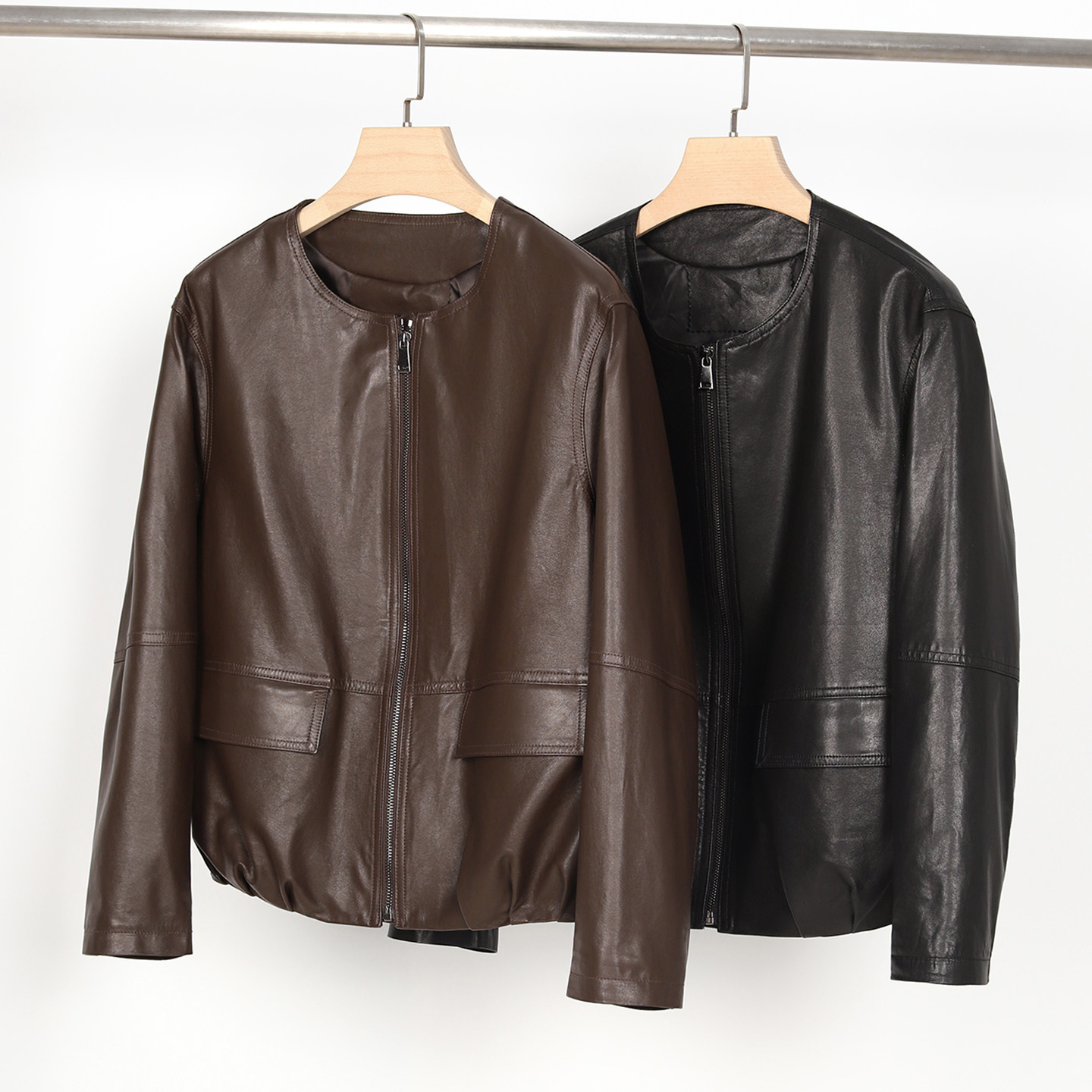 圆领植鞣绵羊皮黑色真皮皮衣外套女2025新款短款休闲皮夹克25059