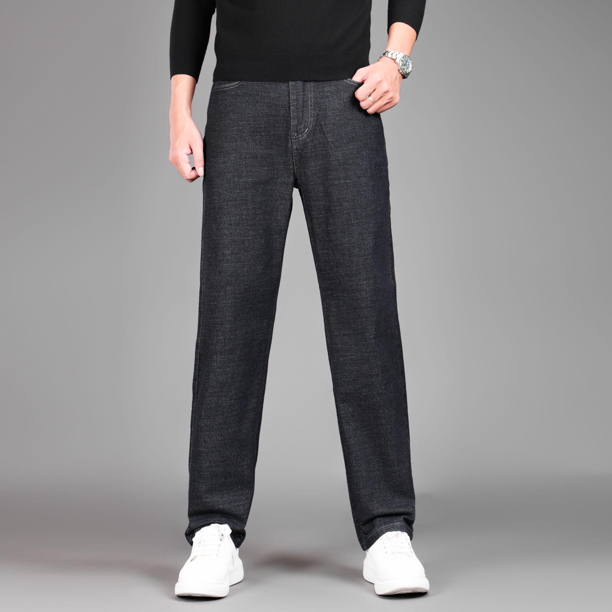 秋冬男士高腰宽松直筒休闲水洗棉牛仔裤时尚耐磨深裆大裤脚男款裤