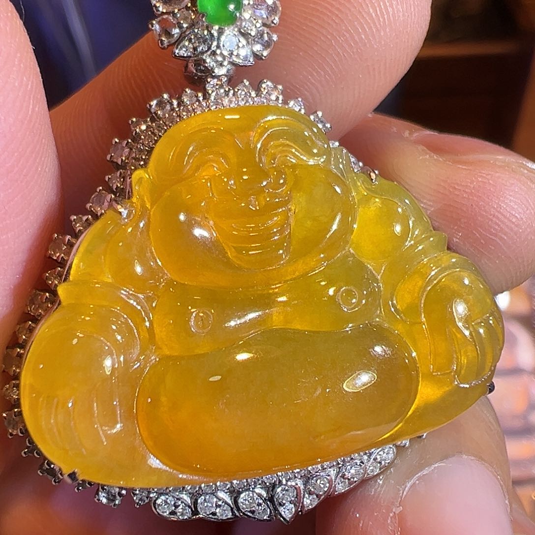 翡翠吊坠(赠链)18K金镶嵌冰糖黄佛公