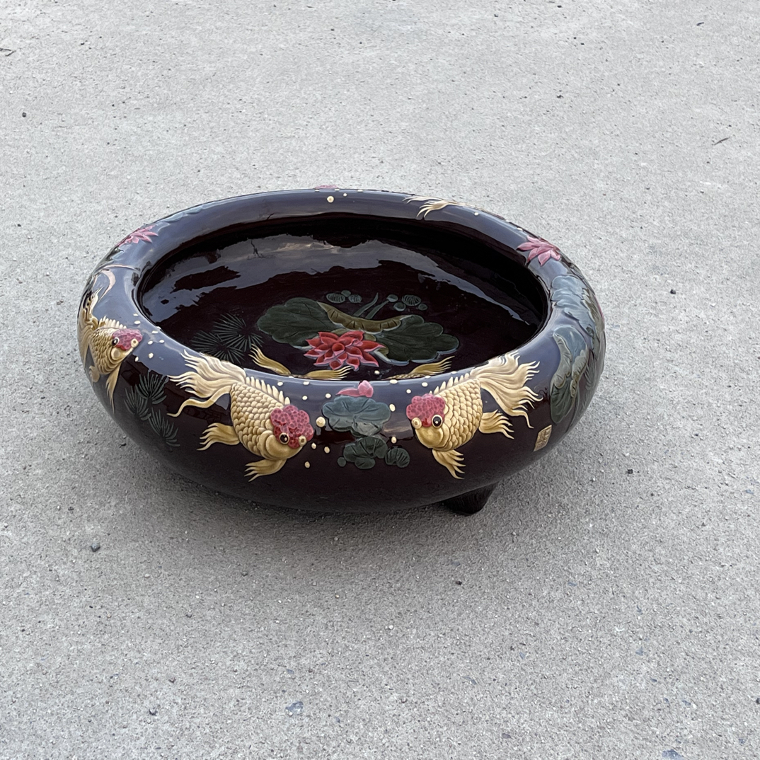 宜均釉堆花工艺鱼盆，全品