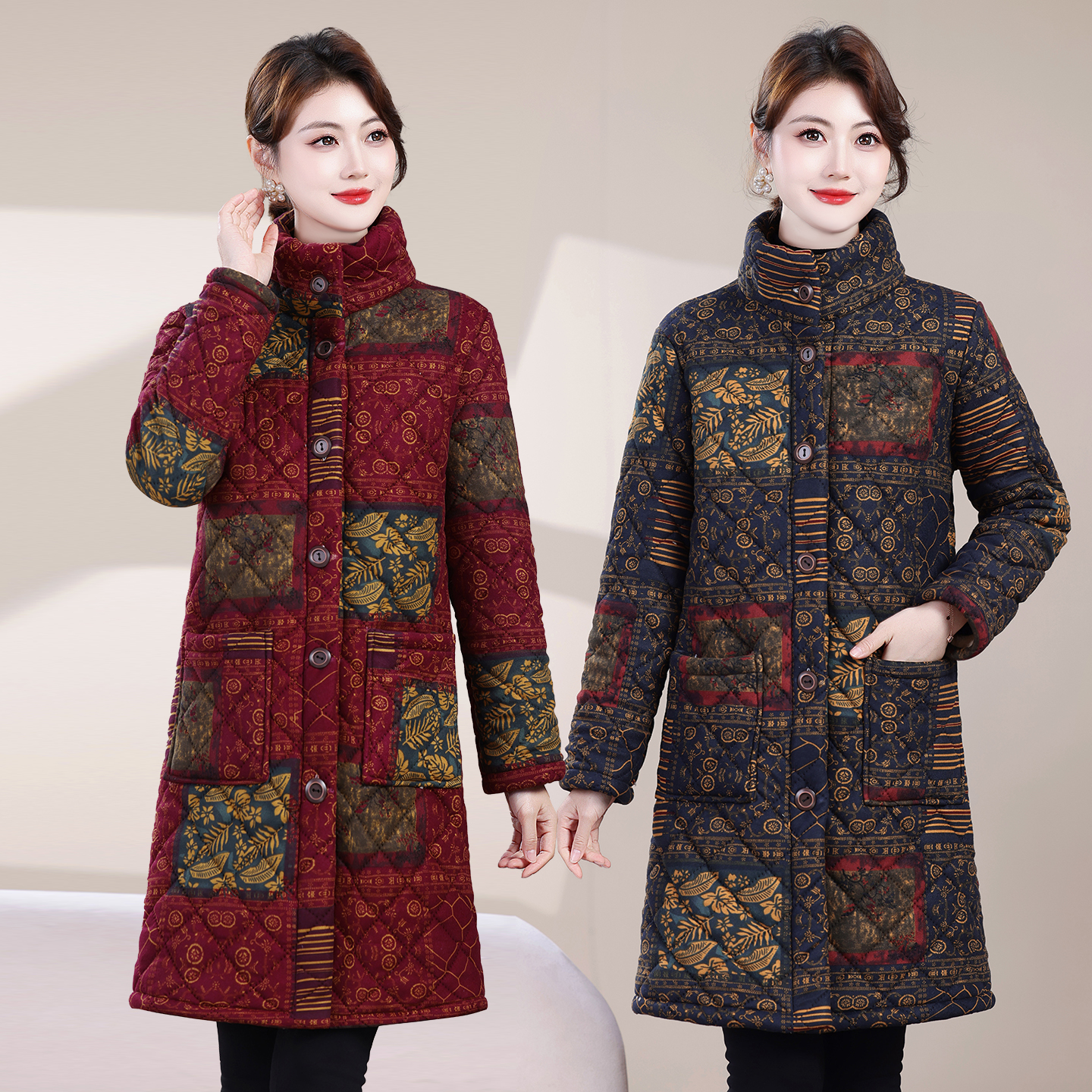 立领民族风中长款棉衣中老年女装常规保暖冬装大码气质妈妈装加绒