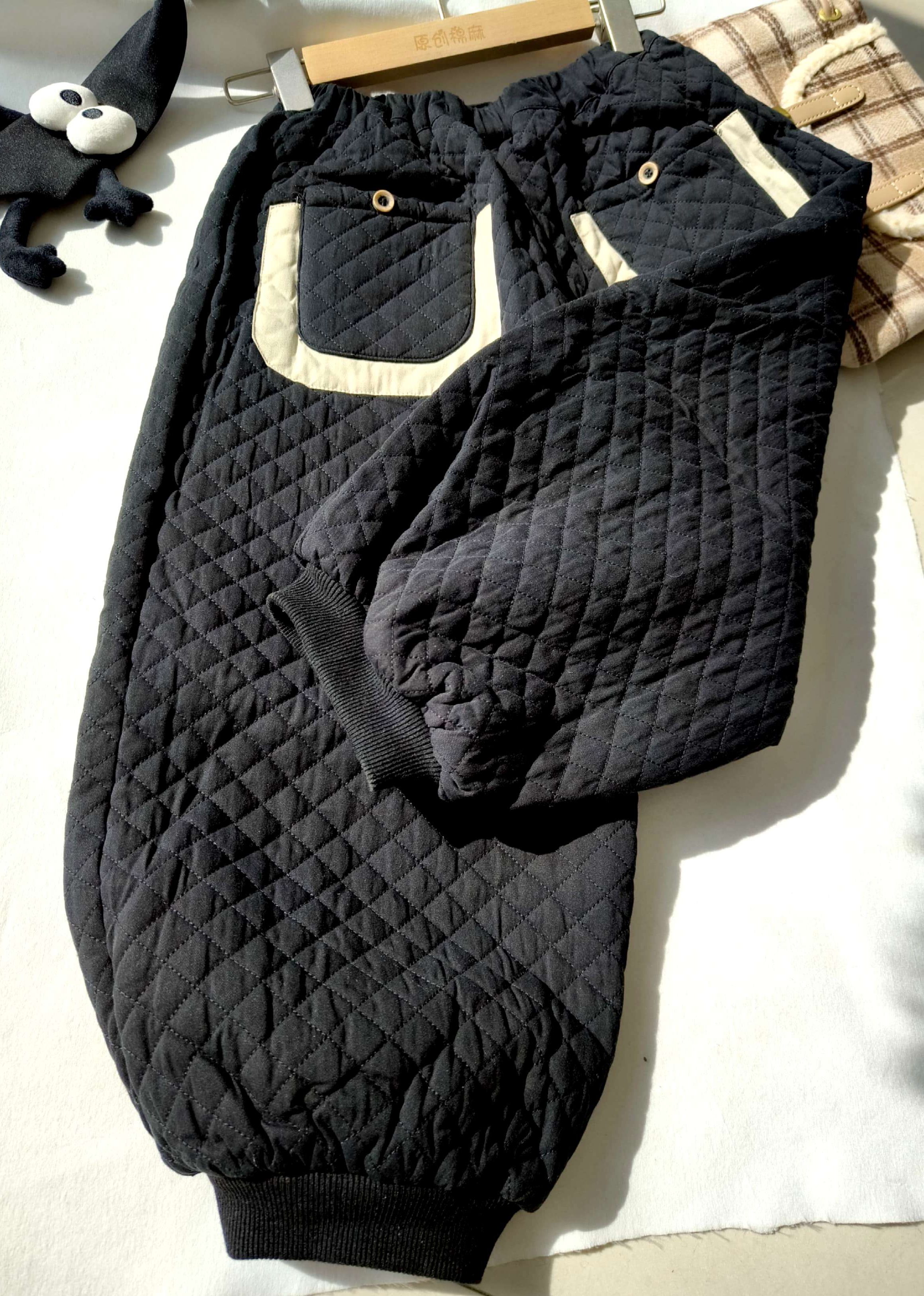 复古菱格绗缝棉裤女秋冬宽松显瘦加棉哈伦裤撞色口袋保暖休闲裤