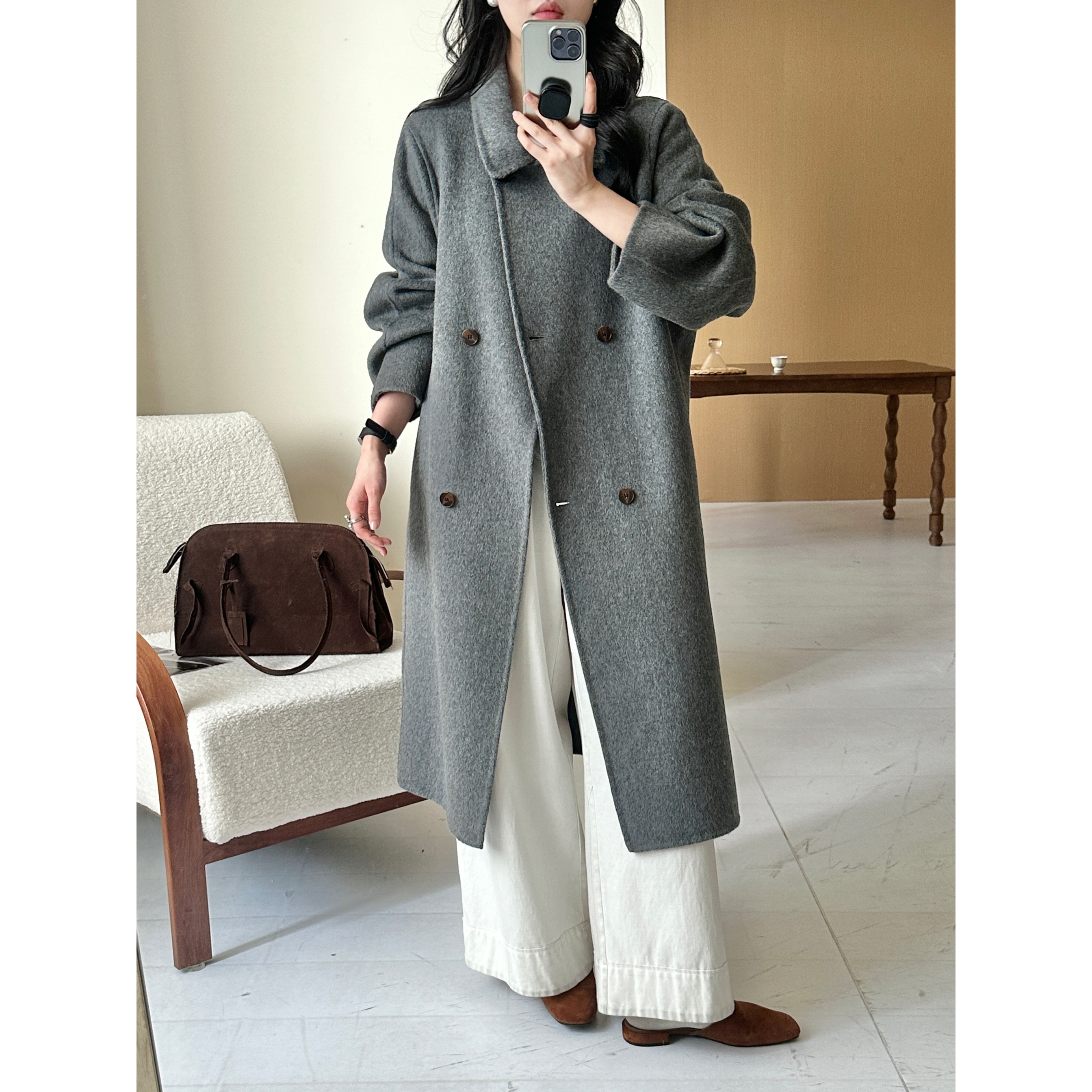 圣逸2025秋冬新款双面呢羊毛大衣外套女宽松舒适韩版毛呢外套