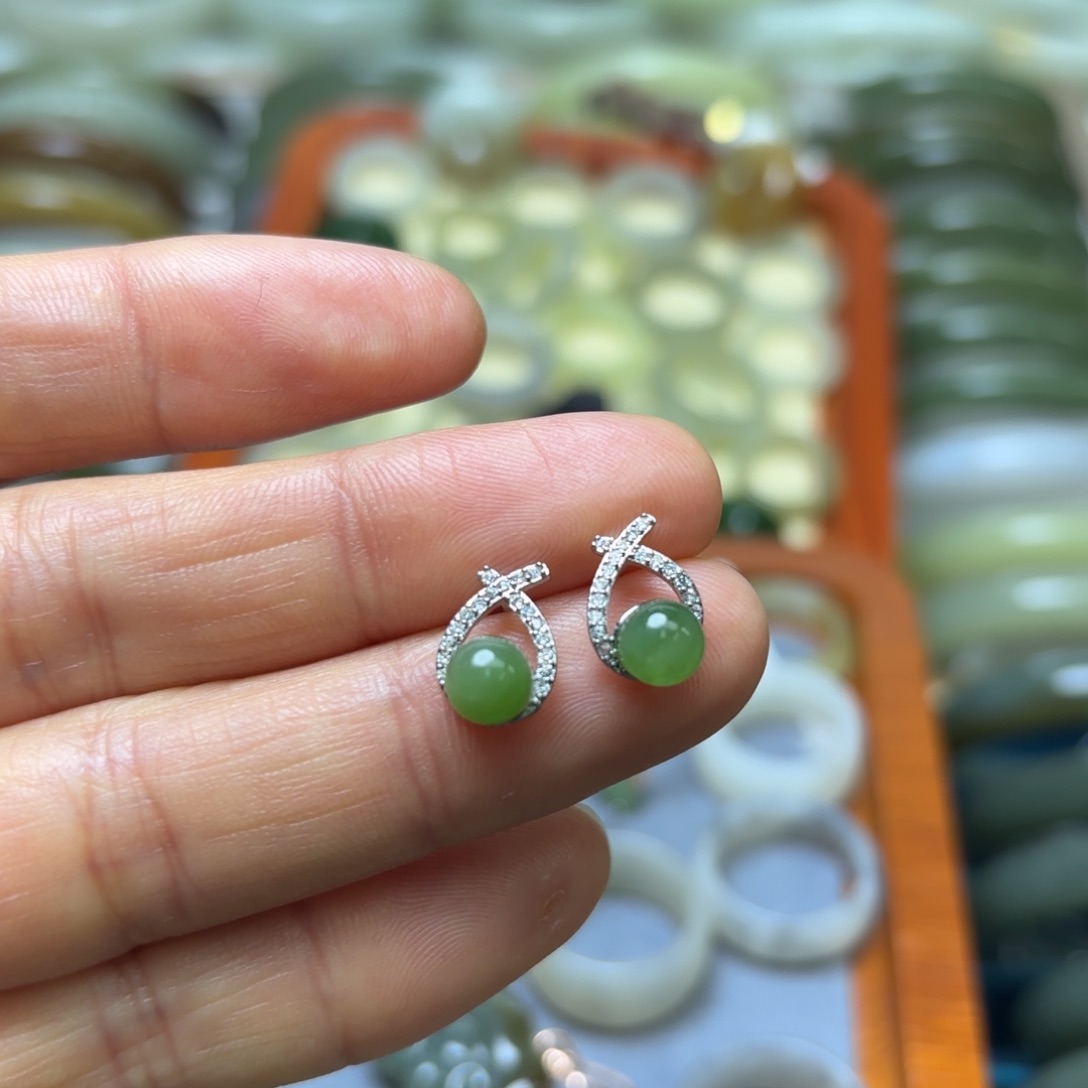 和田玉耳饰银S925镶嵌