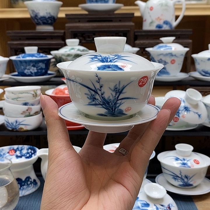 手绘兰花150盖碗高温瓷釉下彩微瑕福利款