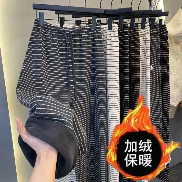 秋冬加绒复古条纹高腰直筒阔腿女裤