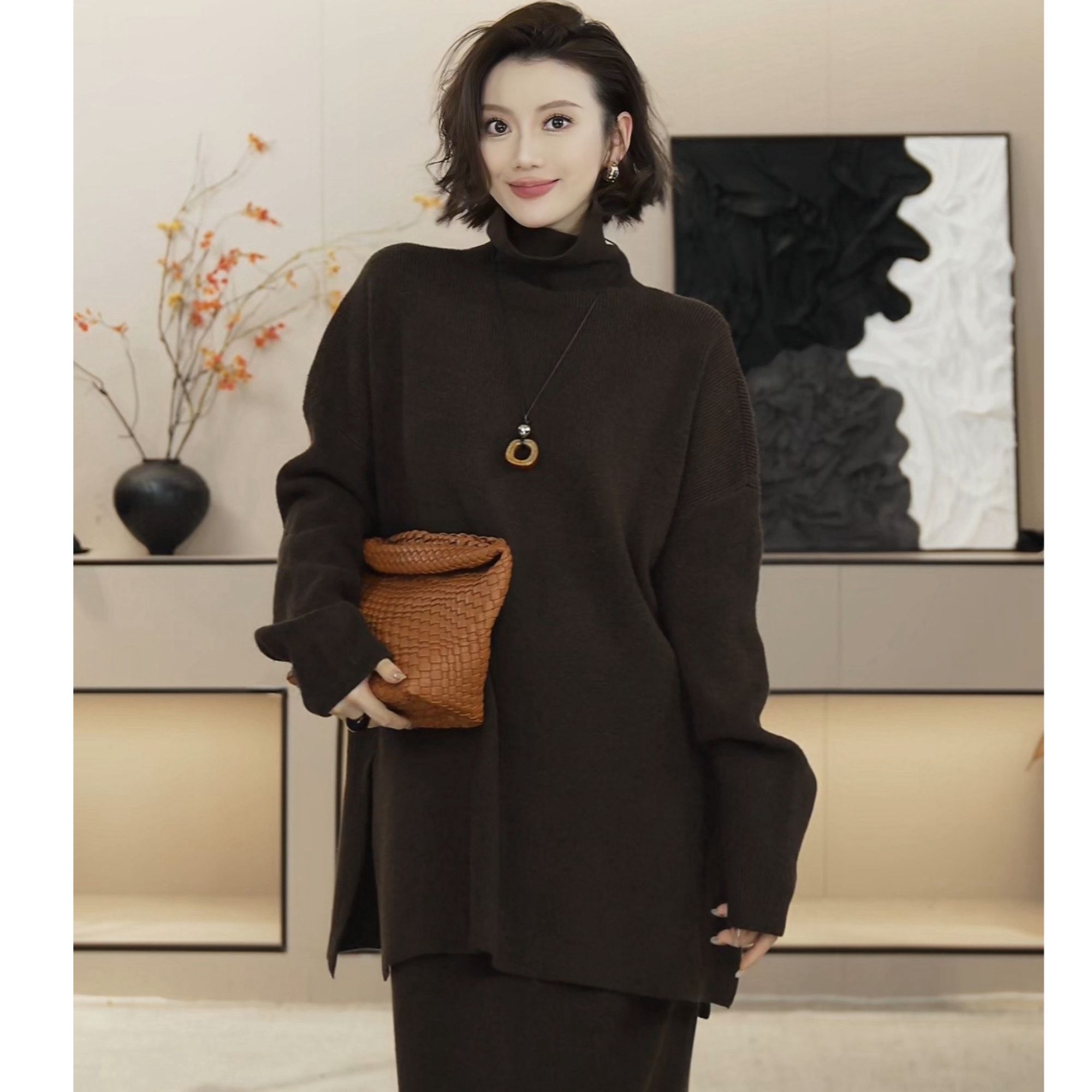 [京京]2025秋季新款复古高领宽松针织衫半裙时尚套装HBZWW918404