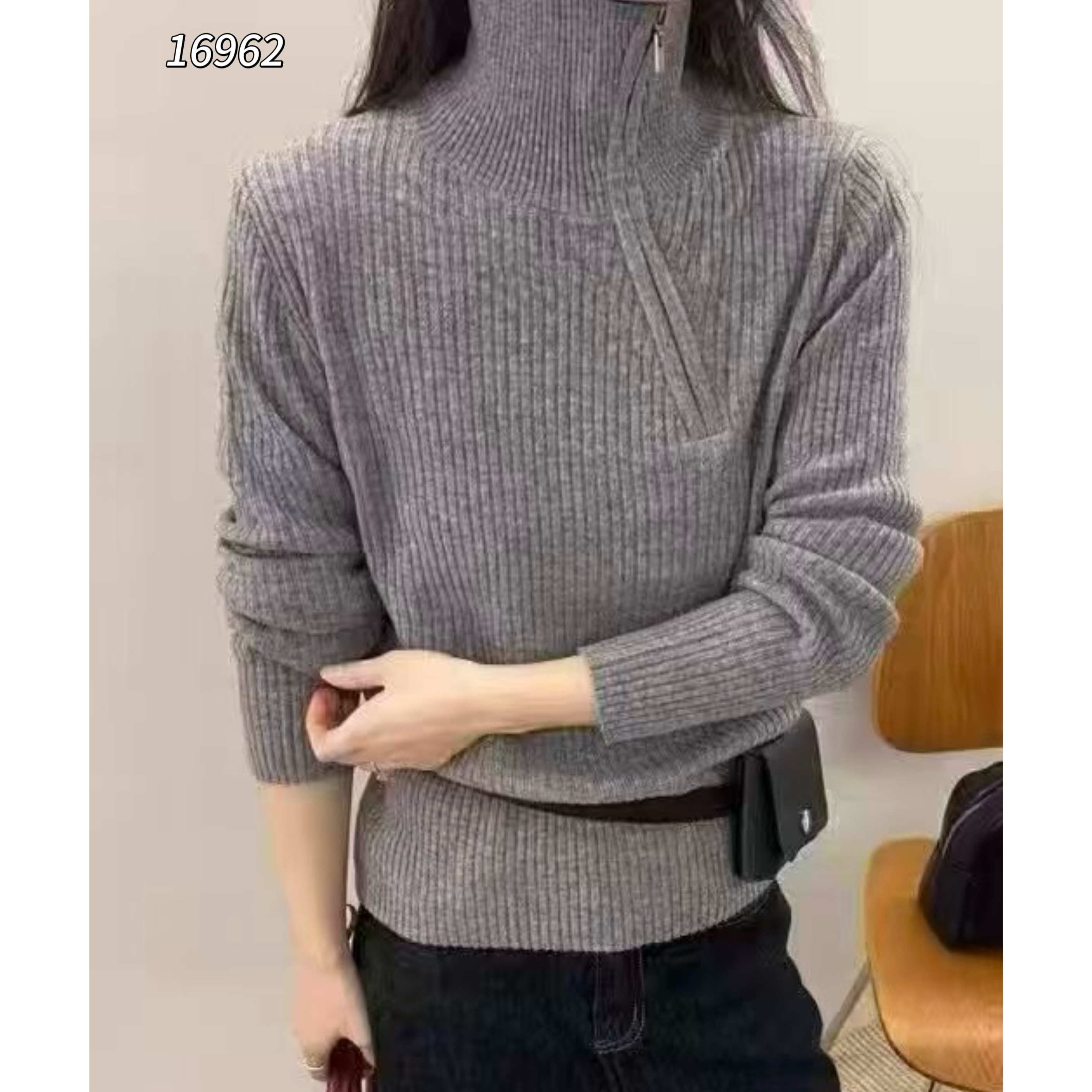 16962 WANGDAN（部分无水洗唛，介意慎拍)新款高领斜拉链长袖针织衫