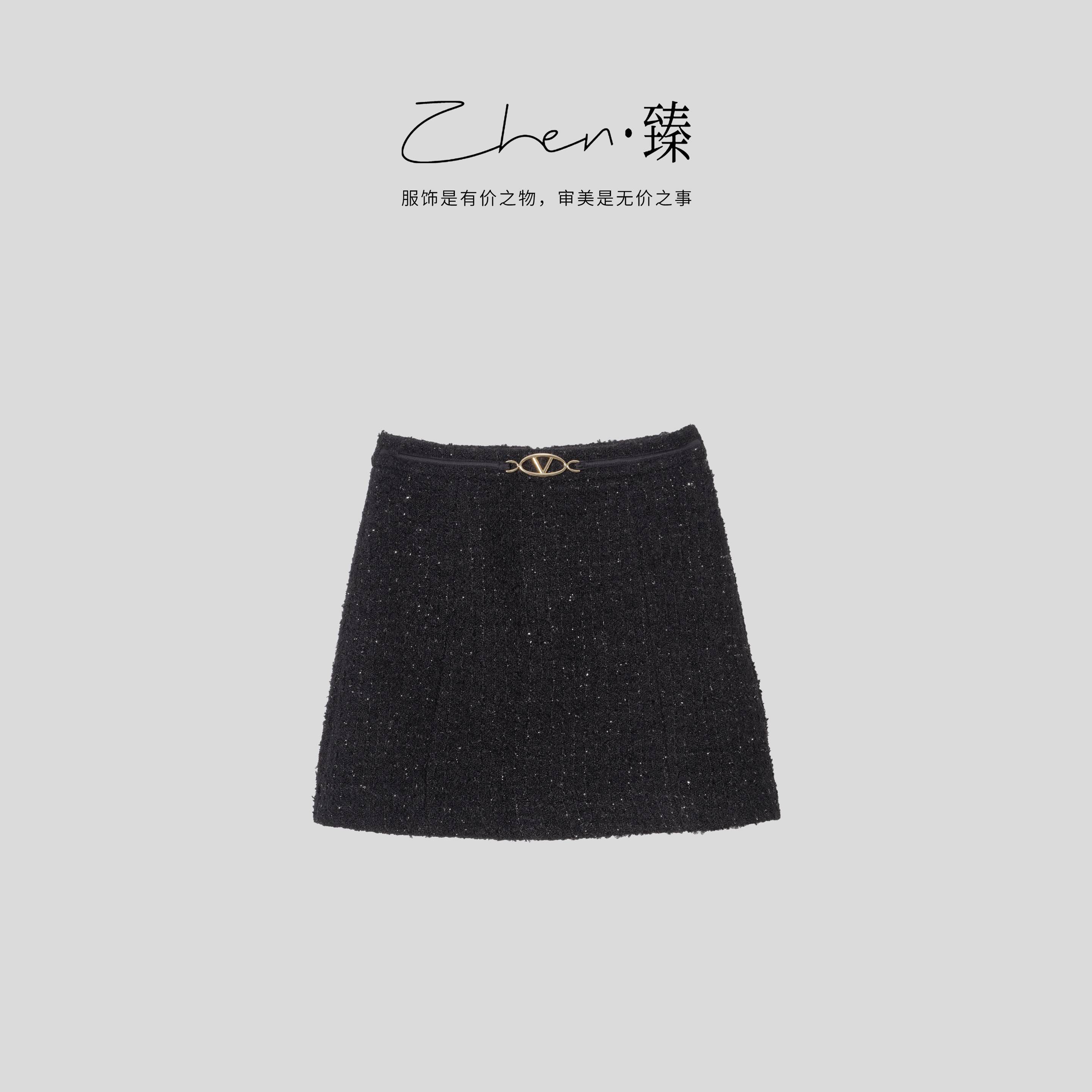 ZHEN.臻 小香风高腰金属V标金属丝混纱秋冬羊毛A字短裙DQ7320Z