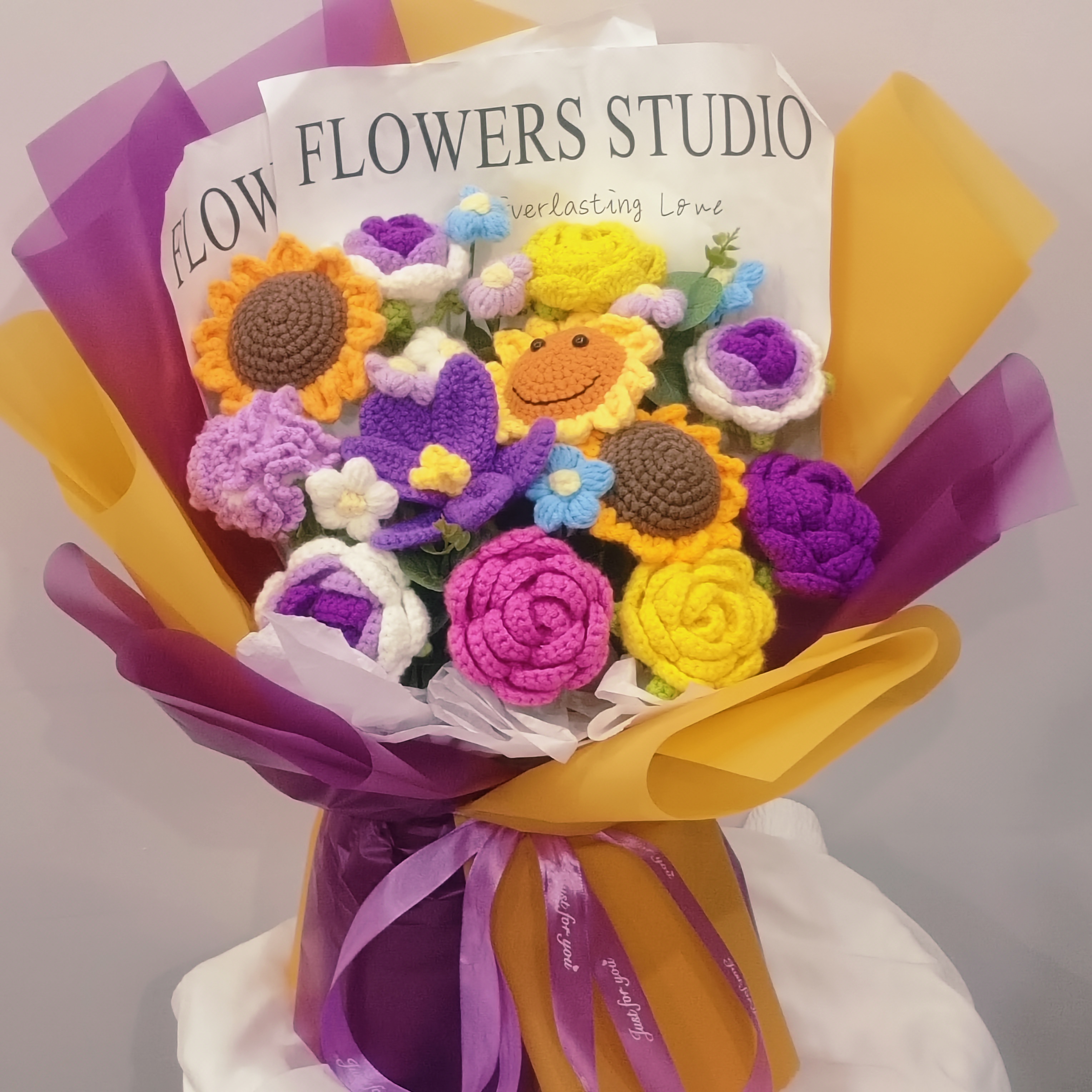 纯手工钩织毛线仿真花向日葵玫瑰花送男友送闺蜜成品大花束礼品