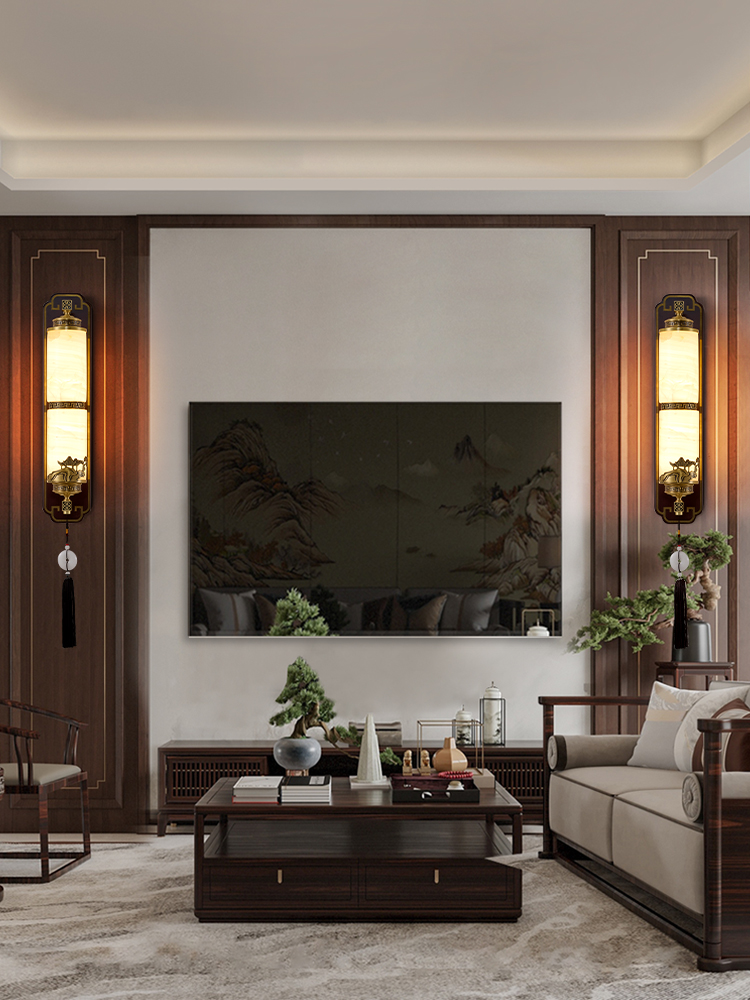 新中式高端全铜加玉石大气国风禅意客厅卧室书房茶室背景墙壁灯