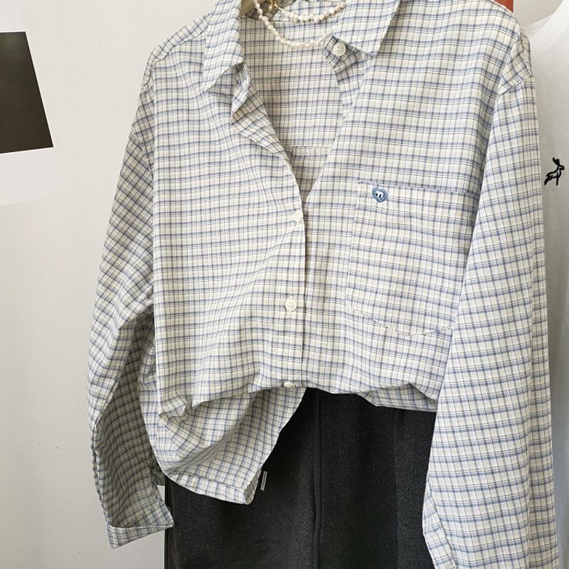 颜色显高级！胸前小刺绣翻领格子百搭叠穿宽松长袖宽松防晒衬衫女