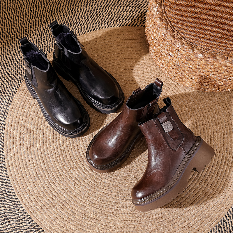 H秋冬厚底短筒马丁靴真皮休闲时尚好穿脱短靴-X8899