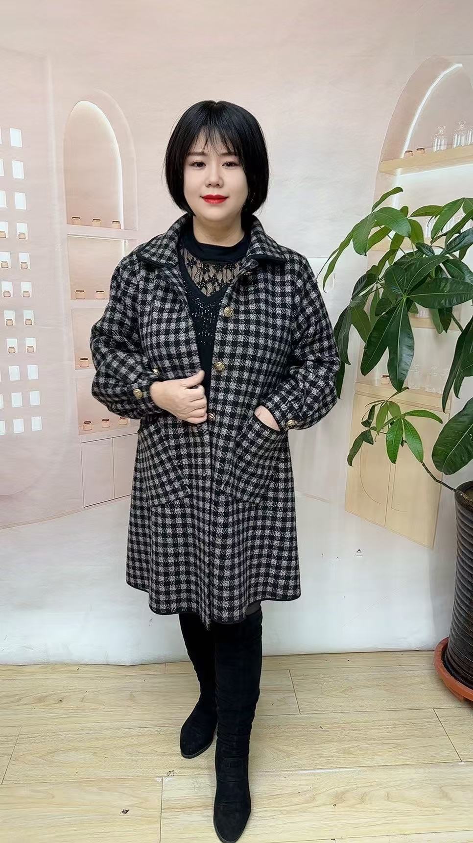 格子中长款韩版外套加绒翻领休闲时尚长袖秋冬