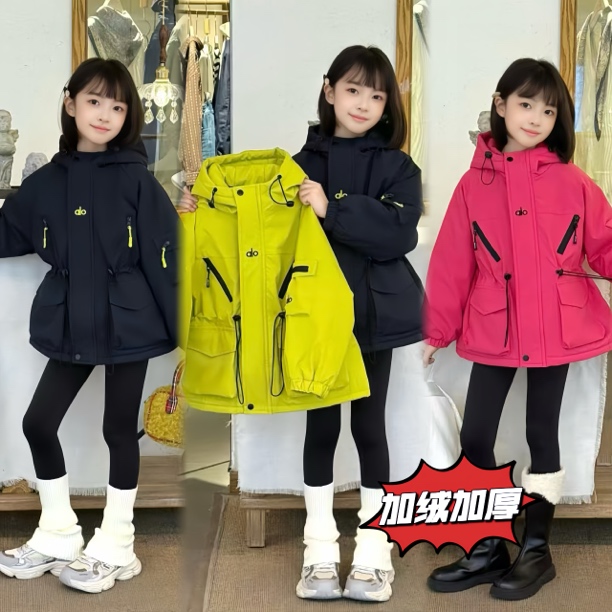 【加绒加厚彩虹冲锋衣】女童秋冬款派克服2025新款中大童外套上衣潮