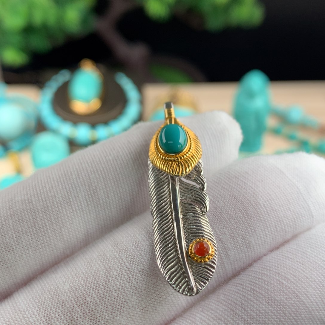 绿松石配珠羽毛项链银S925镶嵌