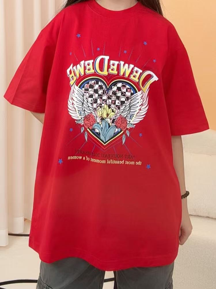 韩哈尼新品娜扎同款超喜庆圆领短袖T恤纯棉休闲红色宽松印花百搭