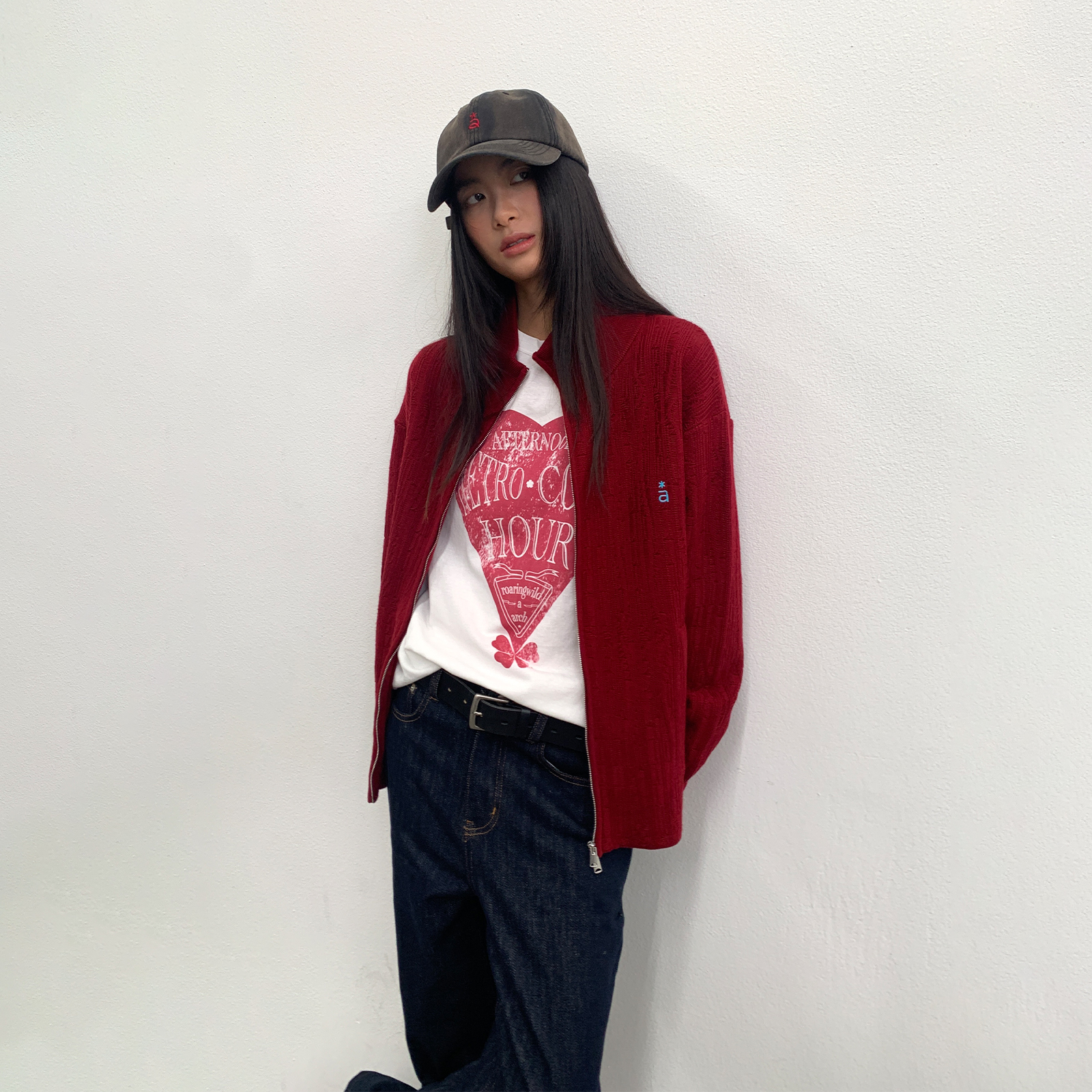 ARCH BY ROARINGWILD 咆哮野兽 枣红色肌理感双拉链毛衣