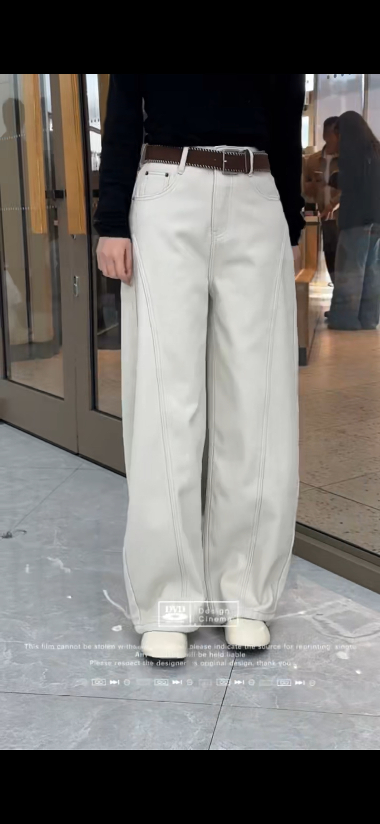 奶茶灰加绒高腰弯刀阔腿牛仔裤冬季宽松显瘦百搭欧美风女裤